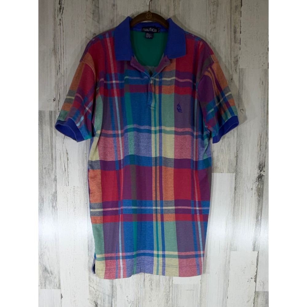 Nautica Polo Shirt XL (Large) Madras Plaid Vintage 90s Dad Grandpa Preppy READ